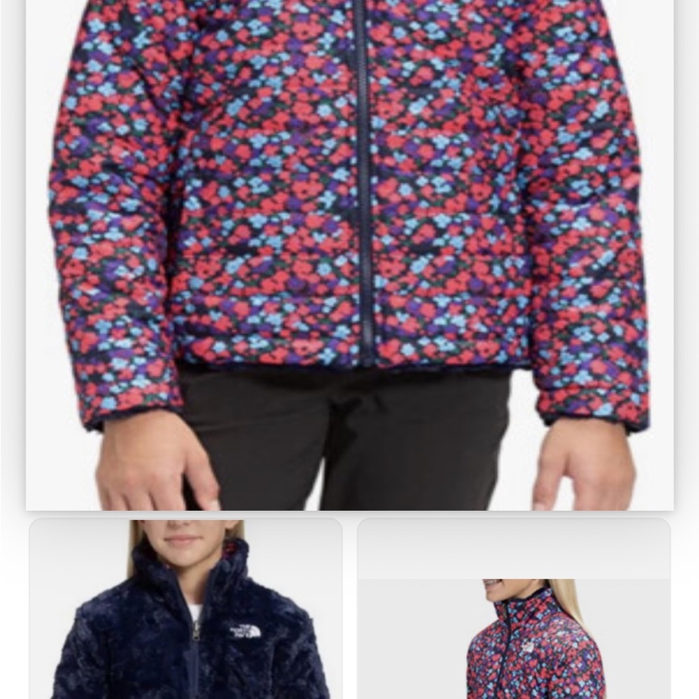 The North Face girlsFloral Puffer fleece reversible jacket size small 7 / 8